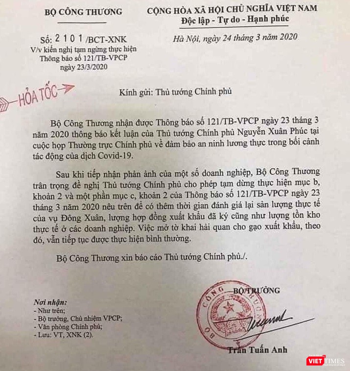Công văn hỏa tốc của Bộ Công thương gửi Thủ tướng Chính phủ đề nghị tiếp tục xuất khẩu gạo.