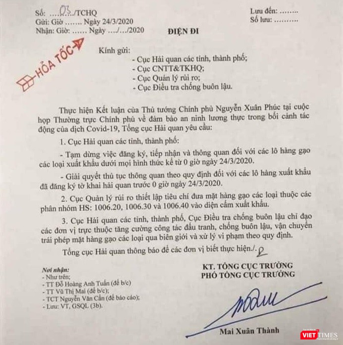 Tổng cục Hải quan hỏa tốc yêu cầu tạm dừng đăng ký, tiếp nhận và thông quan các lô hàng các loại gạo xuất khẩu từ 0h ngày 24/3.
