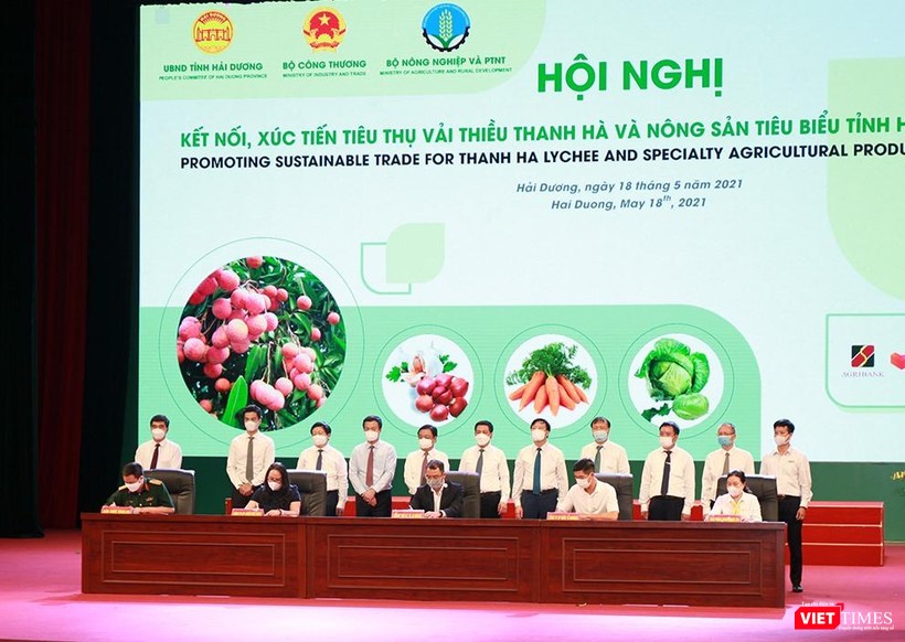 Các sàn TMĐT ký kết với nhà cung cấp vải thiều Thanh Hà với sự chứng kiến của đại diện Bộ Công thương, Bộ NN&PTNT, UBND tỉnh Hải Dương. Các sàn TMĐT ký kết với nhà cung cấp vải thiều Thanh Hà với sự chứng kiến của đại diện Bộ Công thương, Bộ NN&PTNT, UBND tỉnh Hải Dương.