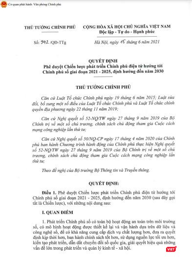 Quyết định phê duyệt Chiến lược phát triển Chính phủ điện tử hướng tới Chính phủ số giai đoạn 2021-2025, định hướng đến 2030.