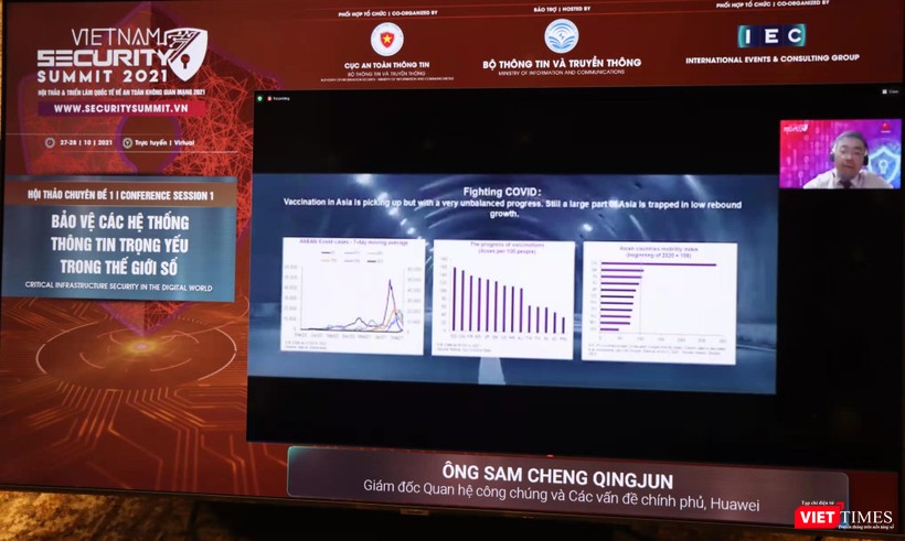 Ông Sam Cheng Qingjun - Giám đốc quan hệ công chúng và các vấn đề chính phủ của Huawei, kiêm Phó chủ tịch Ủy ban Kinh tế số Trung Quốc, thuộc Hiệp hội thương mại quốc tế Trung Quốc - trao đổi trực tuyến.