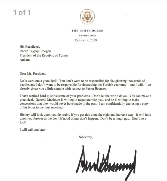 Bức thư mà ông Trump gửi ông Erdogan (Ảnh: CNBC)