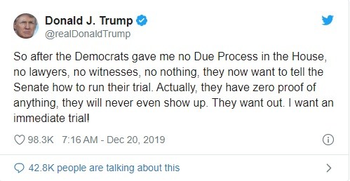 “Tôi muốn phiên xét xử ngay lập tức!” Tổng thống Trump tố phe Dân chủ cố tình “câu giờ” trong quá trình luận tội ảnh 1 Đoạn tweet mà ông Trump đăng tải chỉ trích phe Dân chủ (Ảnh: Twitter)