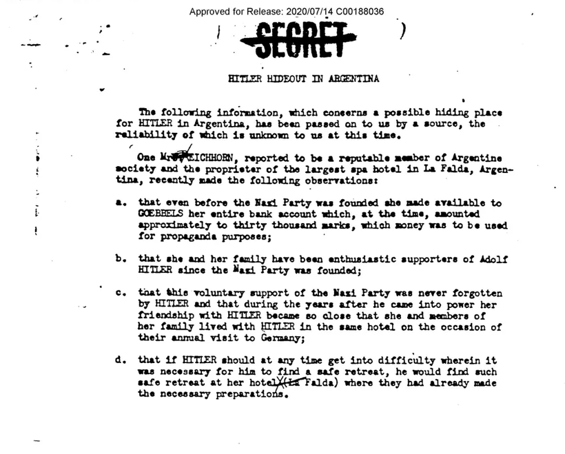 Một hồ sơ giải mật từ tháng 10/1945 cho thấy các điệp viên của Bộ Chiến tranh Mỹ đã nói với FBI về một nơi ẩn náu bí mật nghi của Hitler tại một khách sạn ở La Falda, Argentina. Ảnh: CIA.