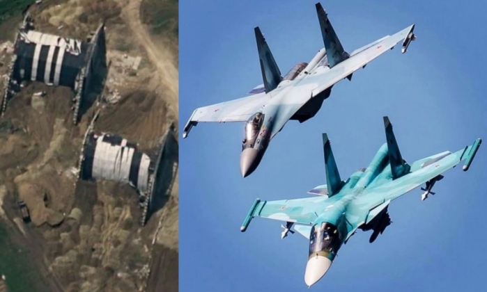 Nhà chứa máy bay của Nga và các chiến đấu cơ Su-34 và Su-35. Ảnh: MW.