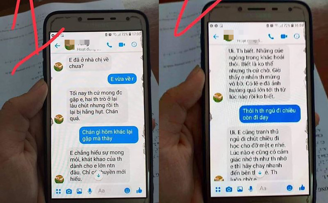 Hình ảnh chụp đoạn tin nhắn được cho của thầy giáo T. với nữ sinh.