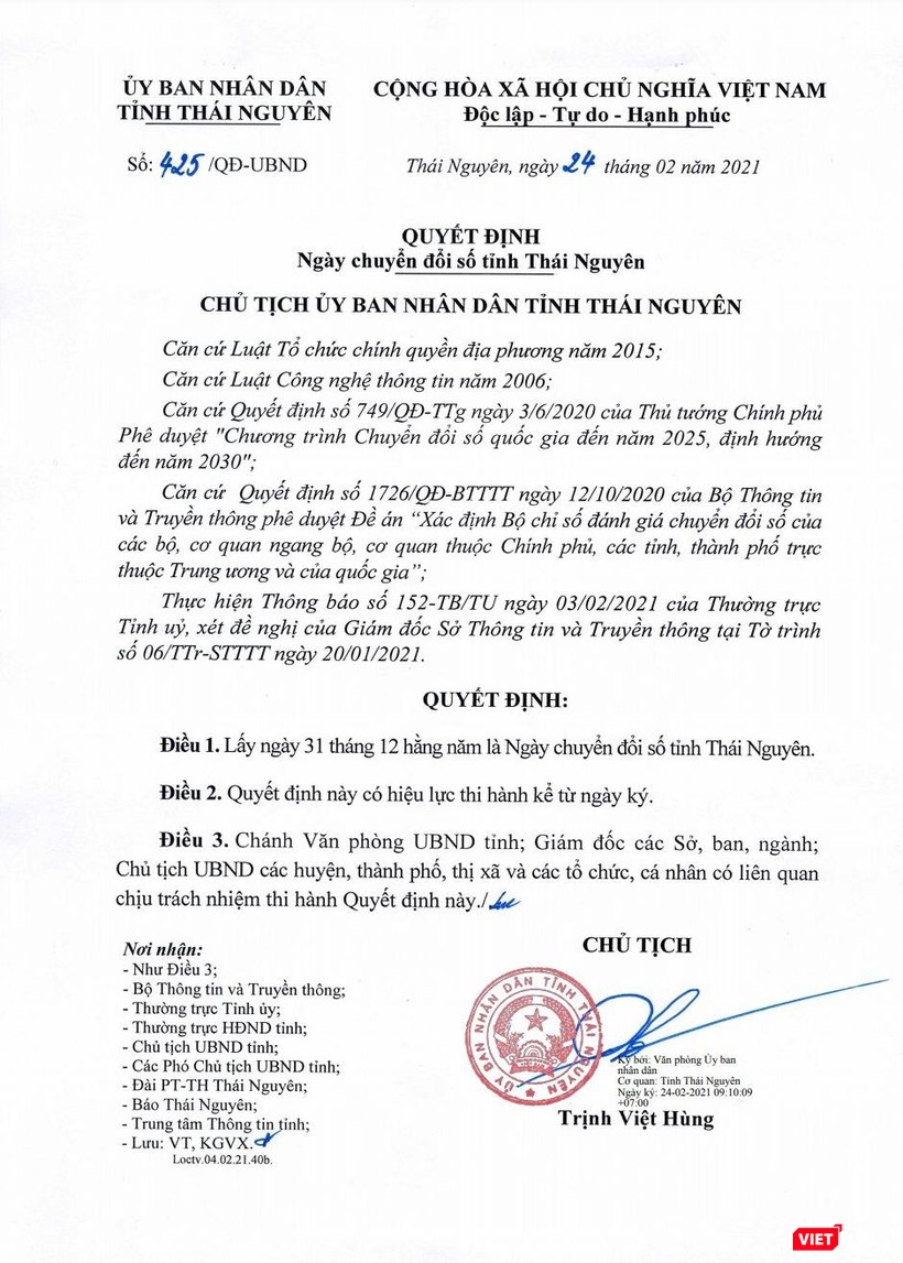 Tỉnh Thái Nguyên quyết định lấy ngày 31/12 hàng năm là Ngày chuyển đổi số.