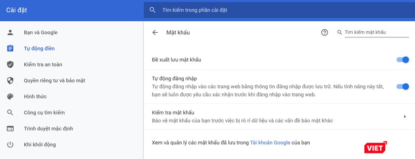 Các tùy chọn khác trong Trình quản lý mật khẩu Google. Ảnh chụp màn hình