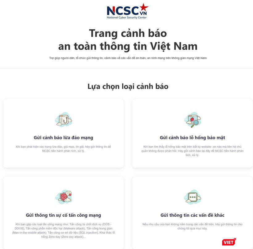 Người dùng có thể gửi cảnh báo đến hệ thống của NCSC.