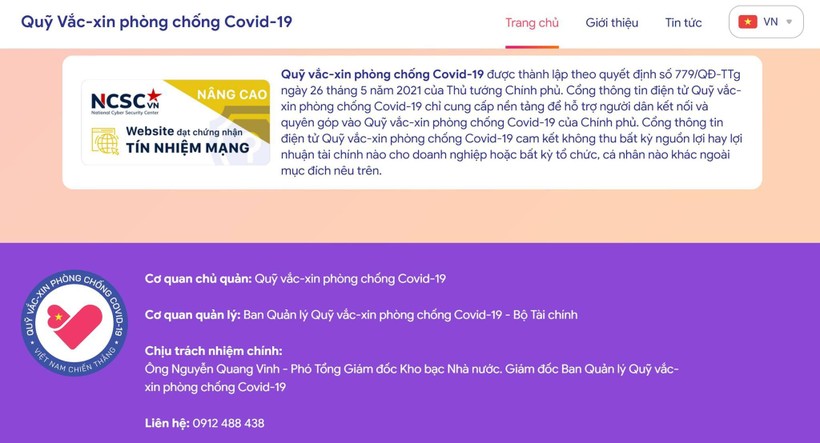 Website của Quỹ vaccine phòng COVID-19 được cấp chứng nhận tín nhiệm mạng.