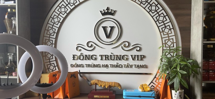 Chủ cơ sở dựng biển hiệu với nội dung “Đông trùng VIP Đông trùng hạ thảo Tây Tạng” phục vụ quá trình livestream bán hàng. Ảnh: Tổng cục QLTT Chủ cơ sở dựng biển hiệu với nội dung “Đông trùng VIP Đông trùng hạ thảo Tây Tạng” phục vụ quá trình livestream bán hàng. Ảnh: Tổng cục QLTT