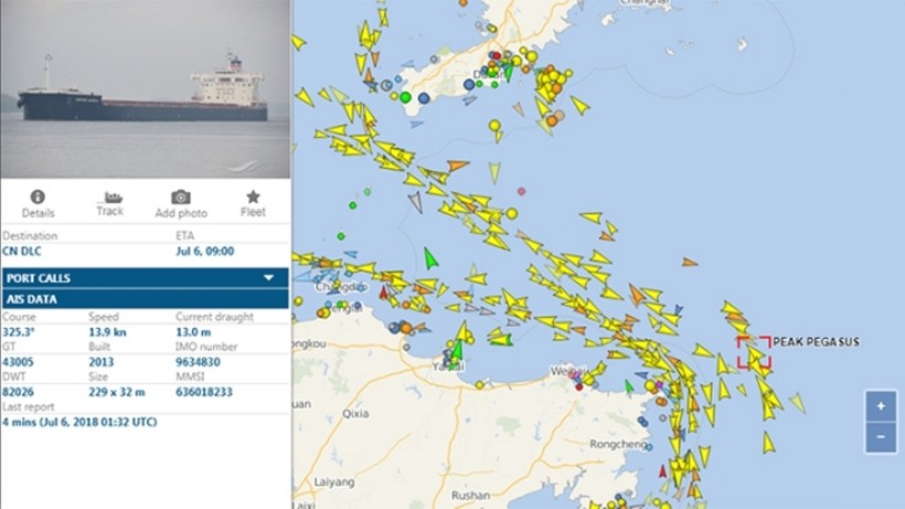 Vị trí tàu Peak Pegasus ở ngoài cảng Đại Liên thể hiện trên trang theo dõi tàu thuyền quốc tế