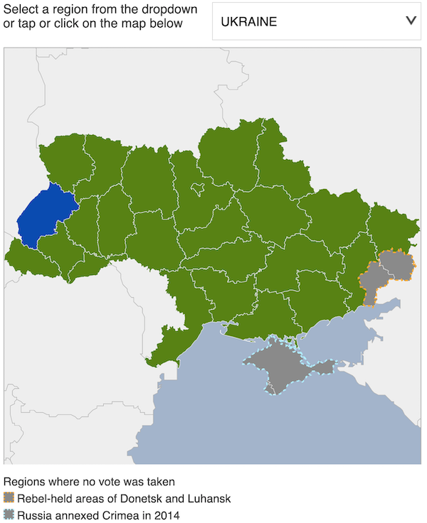 Tỷ lệ bầu áp đảo, màu xanh lá cây bầu cho danh hài. Màu xanh da trời bầu cho tổng thống sắp mãn nhiệm. Trong đó có các vùng không bỏ phiếu gồm Donetsk và Luhansk.