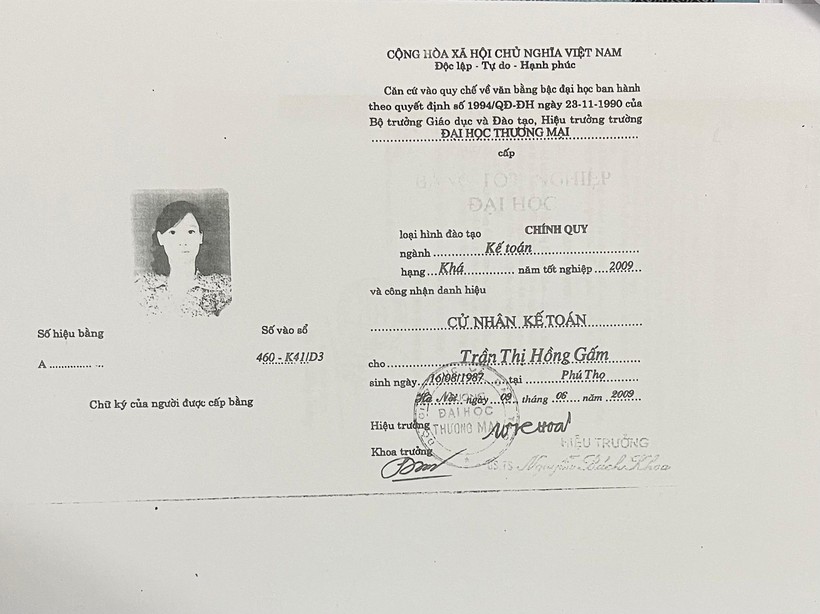 Bằng tốt nghiệp của bà Trần Thị Hồng Gấm.
