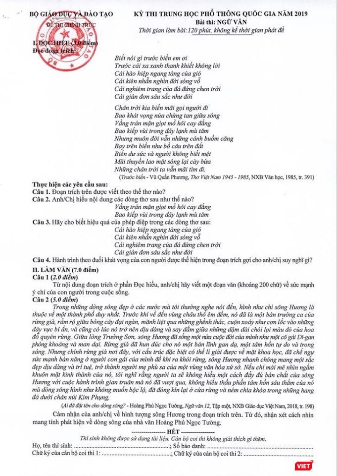 Đề thi chính thức môn Ngữ văn.