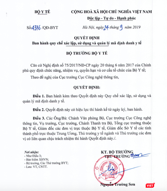 Quyết định ban hành quy chế xác lập, sử dụng và quản lý mã định danh y tế