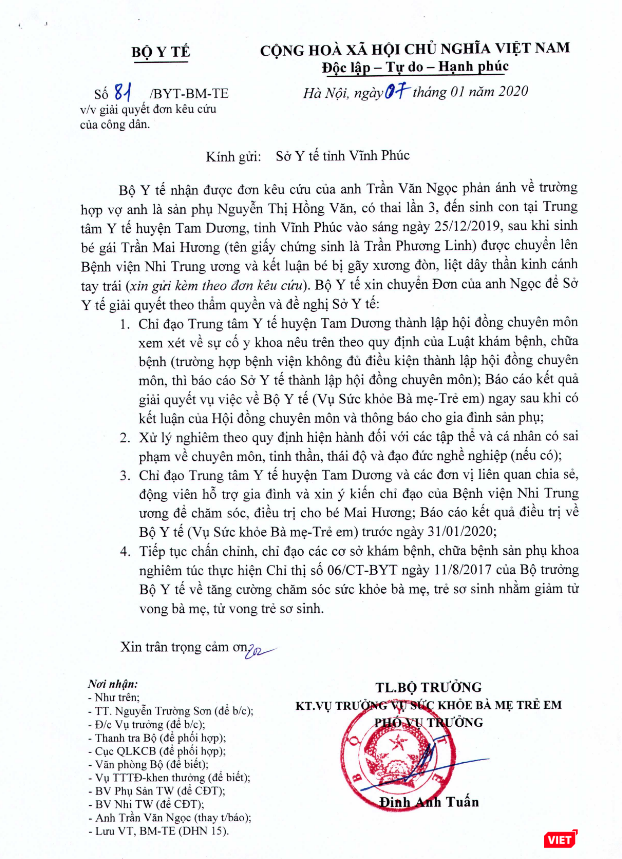 Công văn yêu cầu làm rõ trường hợp bé sơ sinh bị gãy xương đòn, liệt dây thần kinh cánh tay trái tại Trung tâm Y tế huyện Tam Dương, tỉnh Vĩnh Phúc. Ảnh: Bộ Y tế