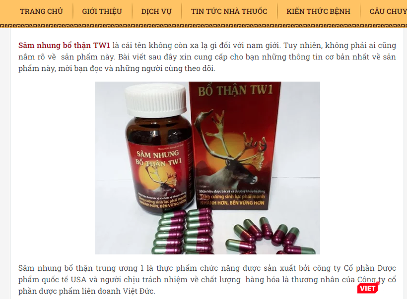 Quảng cáo thực phẩm bảo vệ sức khỏe Tinh sâm nhung bổ thận Dược liệu TW1 có dấu hiệu lừa dối người tiêu dùng