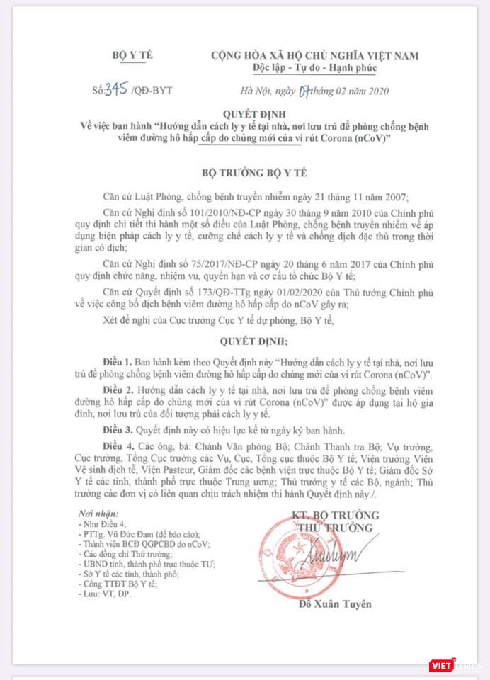 Quyết định ban hành hướng dẫn cách ly y tế tại nhà, nơi lưu trú để phòng, chống bệnh viêm đường hô hấp cấp do chủng mới của virus Corona (nCoV) của Bộ Y tế. Ảnh: BYT