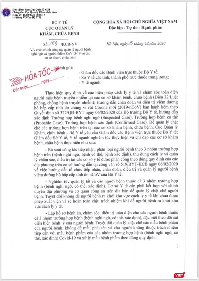 Công văn hỏa tốc của Bộ Y tế. Ảnh: Lê Hảo Công văn hỏa tốc của Bộ Y tế. Ảnh: Lê Hảo