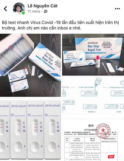 Một trang Facebook thông tin về bộ test nhanh virus COVID-19. Ảnh: Minh Thúy