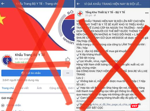 Một số trang Fanpage giả mạo Bộ Y tế để bán khẩu trang. Ảnh: Minh Thúy