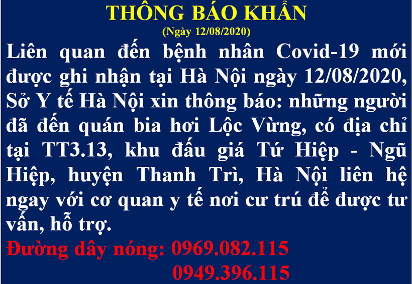 Thông báo khẩn của Sở Y tế TP. Hà Nội (Ảnh: Sở Y tế TP. Hà Nội) Thông báo khẩn của Sở Y tế TP. Hà Nội (Ảnh: Sở Y tế TP. Hà Nội)