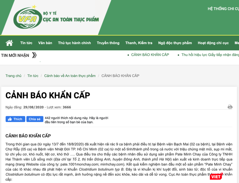 Cục An toàn thực phẩm cảnh báo khẩn cấp về sản phẩm Pate Minh Chay chứa vi khuẩn có độc lực rất mạnh (Ảnh: Minh Thúy)