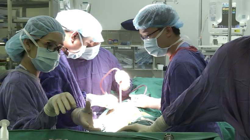 Các bác sĩ phẫu thuật khớp gối cho chị Nhung (Ảnh: BVCC)