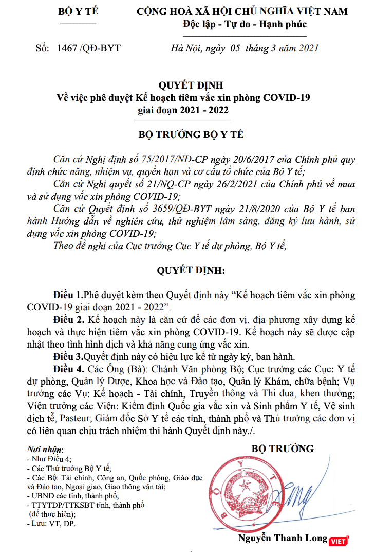 Quyết định phê duyệt kế hoạch tiêm vaccine phòng COVID-19 giai đoạn 2021-2022 do Bộ trưởng Bộ Y tế Nguyễn Thanh Long ký (Ảnh - VT)