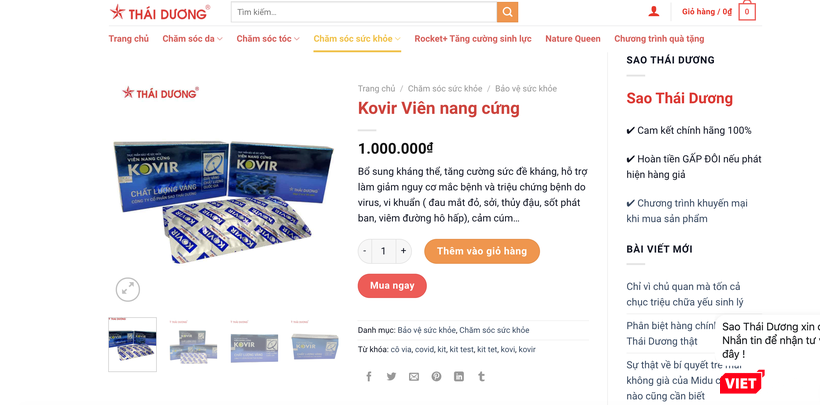 Thuốc Kovir được đề giá 1.000.000 đồng trên trang web của Công ty Cổ phần Sao Thái Dương (Ảnh - VT) Thuốc Kovir được đề giá 1.000.000 đồng trên trang web của Công ty Cổ phần Sao Thái Dương (Ảnh - VT)