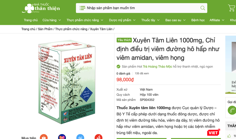 Thuốc xuyên tâm liên được chào bán với giá 98.000 đồng (Ảnh - VT) Thuốc xuyên tâm liên được chào bán với giá 98.000 đồng (Ảnh - VT)
