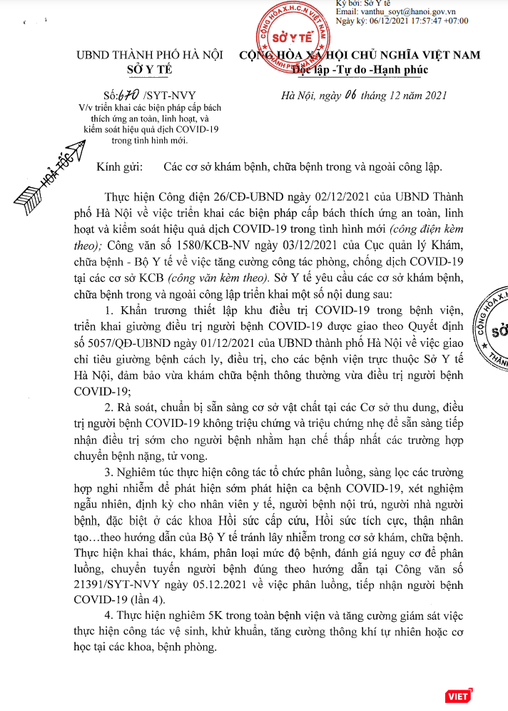 Công văn hoả tốc của Sở Y tế Hà Nội về việc triển khai các biện pháp cấp bách thích ứng an toàn, linh hoạt và kiểm soát hiệu quả dịch Covid-19 trong tình hình mới (Ảnh - Minh Thuý)