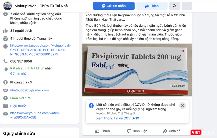 Quảng cáo bán thuốc Fapiravir trên mạng xã hội (Ảnh - MT)