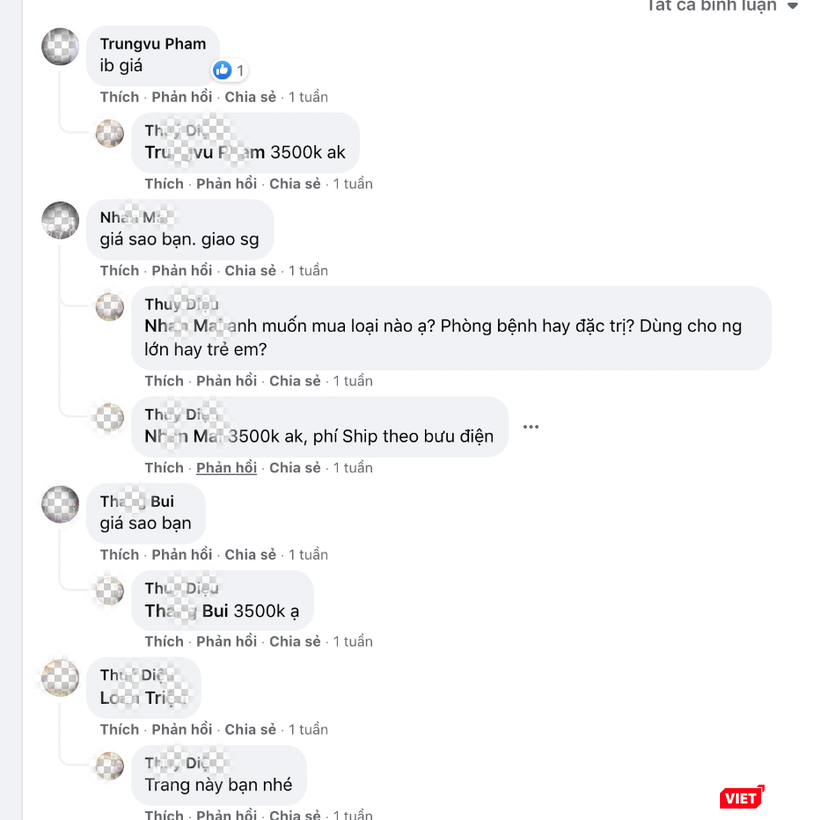 Giá bán thuốc Areplivir được công khai trong phần bình luận (Ảnh - MT)