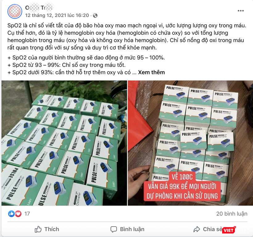 Quảng cáo và bán máy đo SpO2 tên POLSE có giá 99.000 đồng/chiếc (Ảnh - MT)