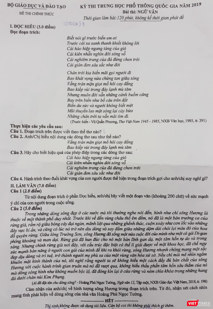 Đề thi chính thức của kỳ thi THPT quốc gia 2019