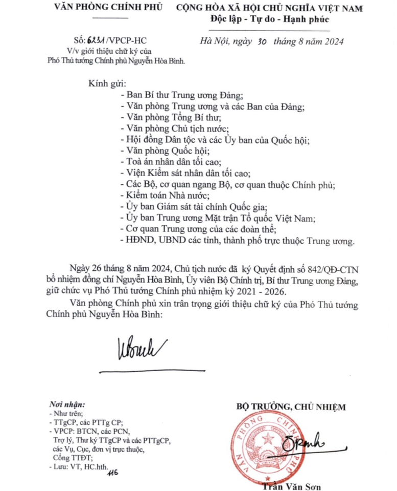 Văn bản giới thiệu chữ ký của Phó Thủ tướng Chính phủ Nguyễn Hòa Bình. Ảnh: VGP. Anh 1.png