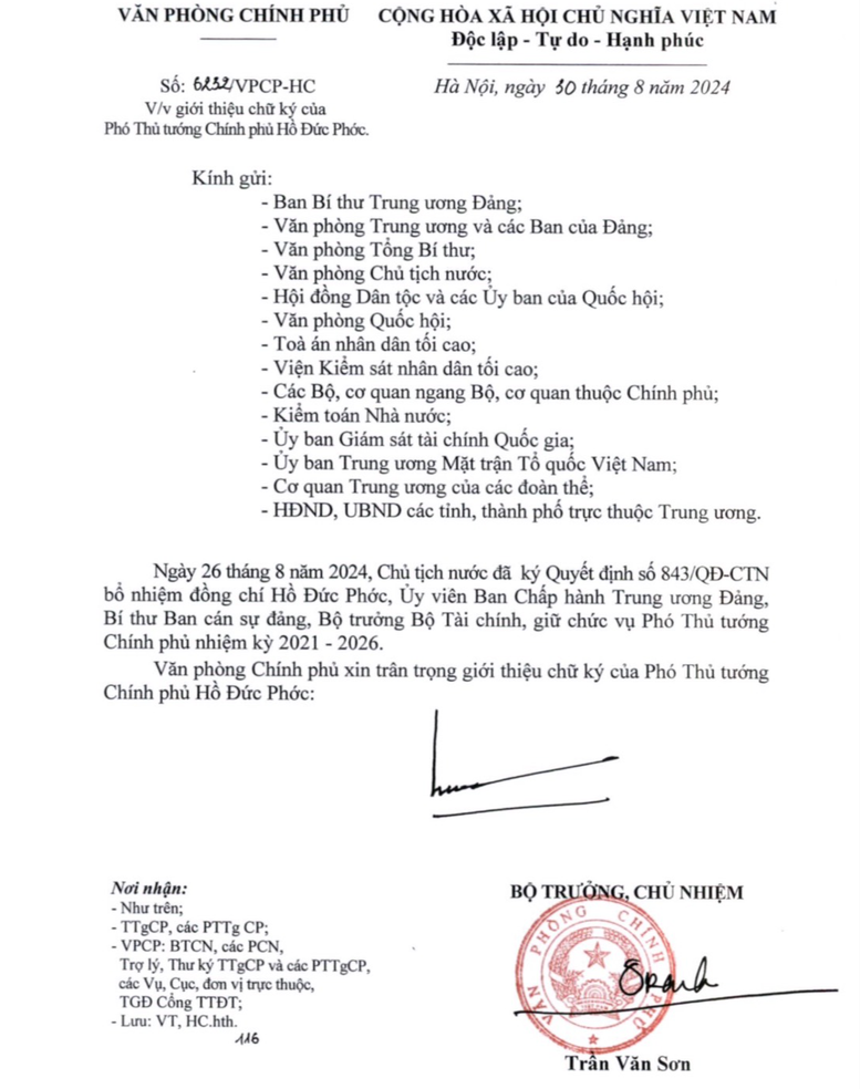 Văn bản giới thiệu chữ ký của Phó Thủ tướng Chính phủ Hồ Đức Phớc. Ảnh VGP. Anh 2.png