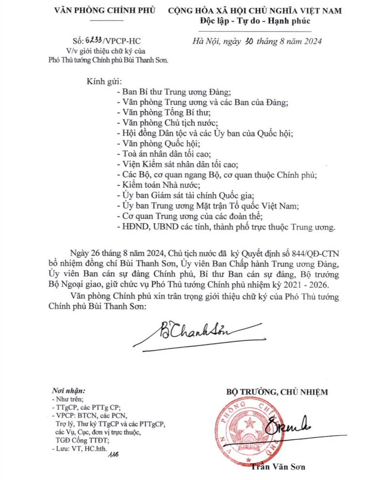 Văn bản giới thiệu chữ ký của Phó Thủ tướng Chính phủ Bùi Thanh Sơn. Ảnh VGP. Anh 3.png