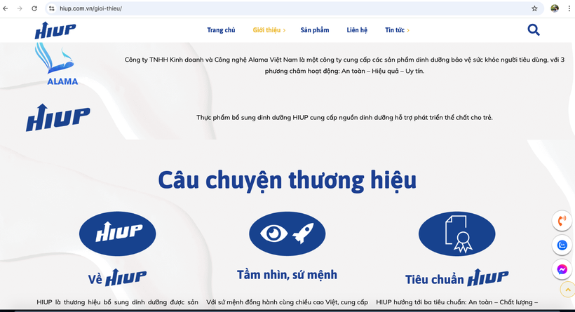 Công ty TNHH Kinh doanh & Công nghệ Alama là đơn vị sở hữu bản quyền và phân phối chính thức sản phẩm dinh dưỡng Hiup. Ảnh chụp màn hình. Ảnh chụp Màn hình 2025-06-19 lúc 20.45.50.png