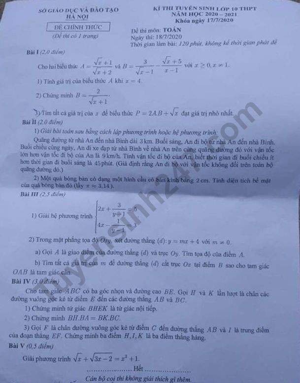 Đề thi tuyển sinh vào lớp 10 môn Toán TP Hà Nội năm 2020. Nguồn: TTHN