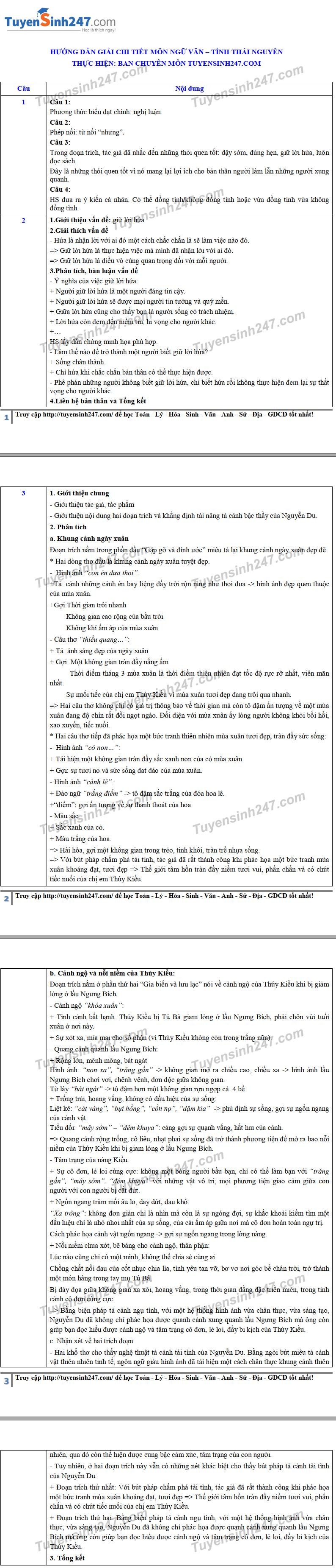 Đáp án tham khảo đề thi tuyển sinh vào lớp 10 môn Ngữ Văn tỉnh Thái Nguyên năm 2020. Nguồn: TTHN
