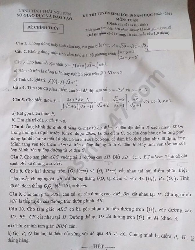 Đề thi tuyển sinh vào lớp 10 môn Toán tỉnh Thái Nguyên năm 2020