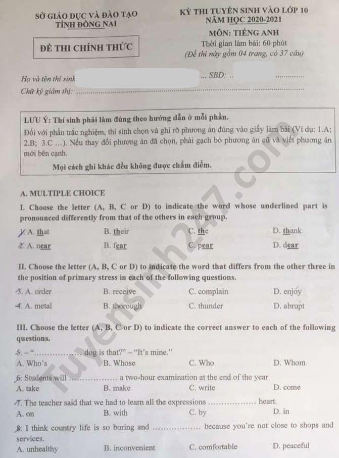 Đề thi tuyển sinh vào lớp 10 môn Tiếng Anh tỉnh Đồng Nai năm 2020. Nguồn: TTHN