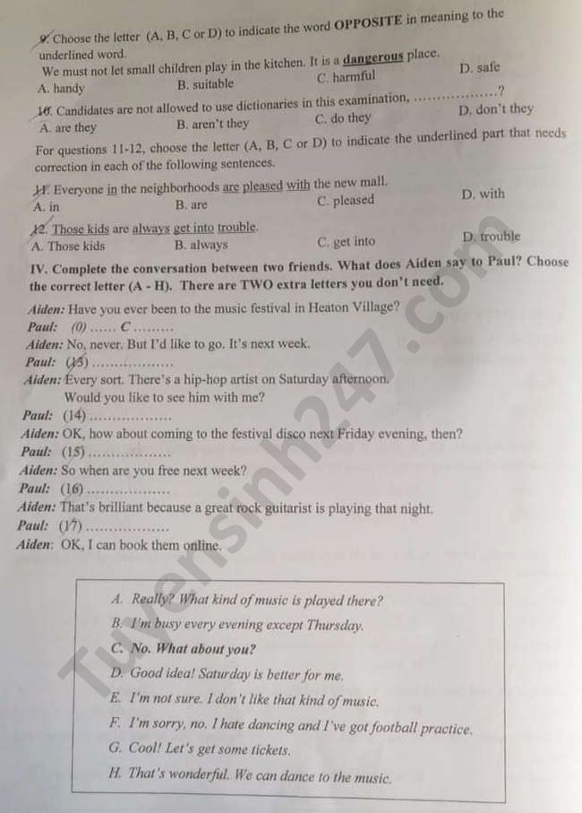 Đề thi tuyển sinh vào lớp 10 môn Tiếng Anh tỉnh Đồng Nai năm 2020. Nguồn: TTHN