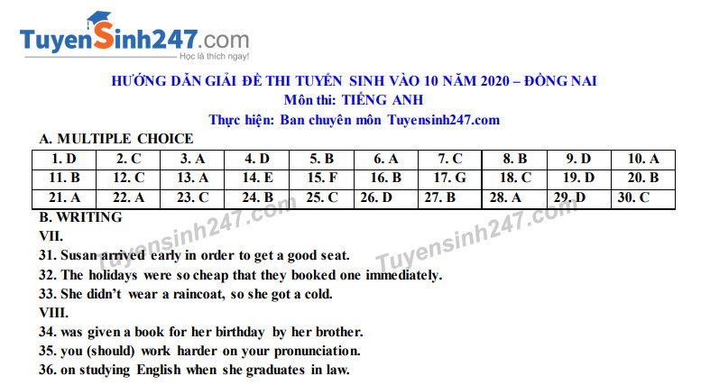 Đáp án tham khảo đề thi tuyển sinh vào lớp 10 môn Tiếng Anh tỉnh Đồng Nai năm 2020. Nguồn: TTHN