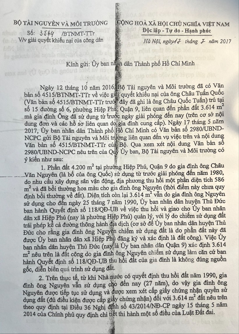 Công văn của Bộ TNMT cho rằng việc xác định 3.614 m2 là đất công do gia đình ông Nguyên chiếm để làm căn cứ ban hành quyết định 1181 thu hồi đất của gia đình là không đúng nguồn gốc và diễn biến quá trình sử dụng đất. IMG_3298.jpg