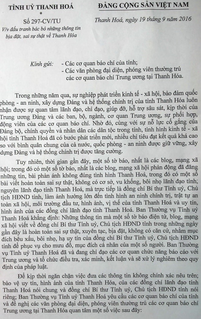 Công văn 297 của Ban thường vụ Tỉnh ủy Thanh Hóa