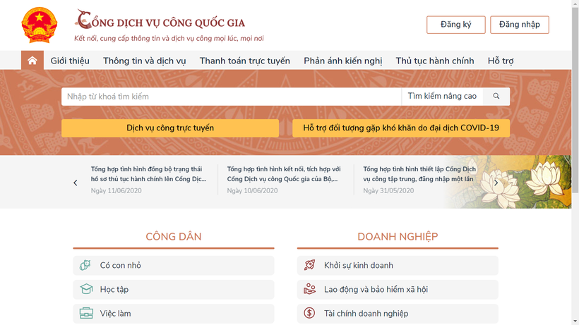 Giao diện Cổng dịch vụ công quốc gia (Nguồn: dichvucong.gov.vn) Cổng dịch vụ công quốc gia (Nguồn: dichvucong.gov.vn)
